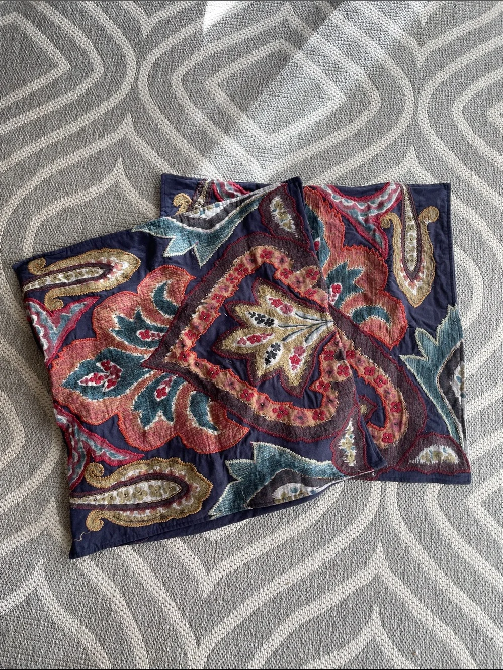 Pottery Barn set of 2 cushion covers 24x24” Linen Paisley embroidery pillow
